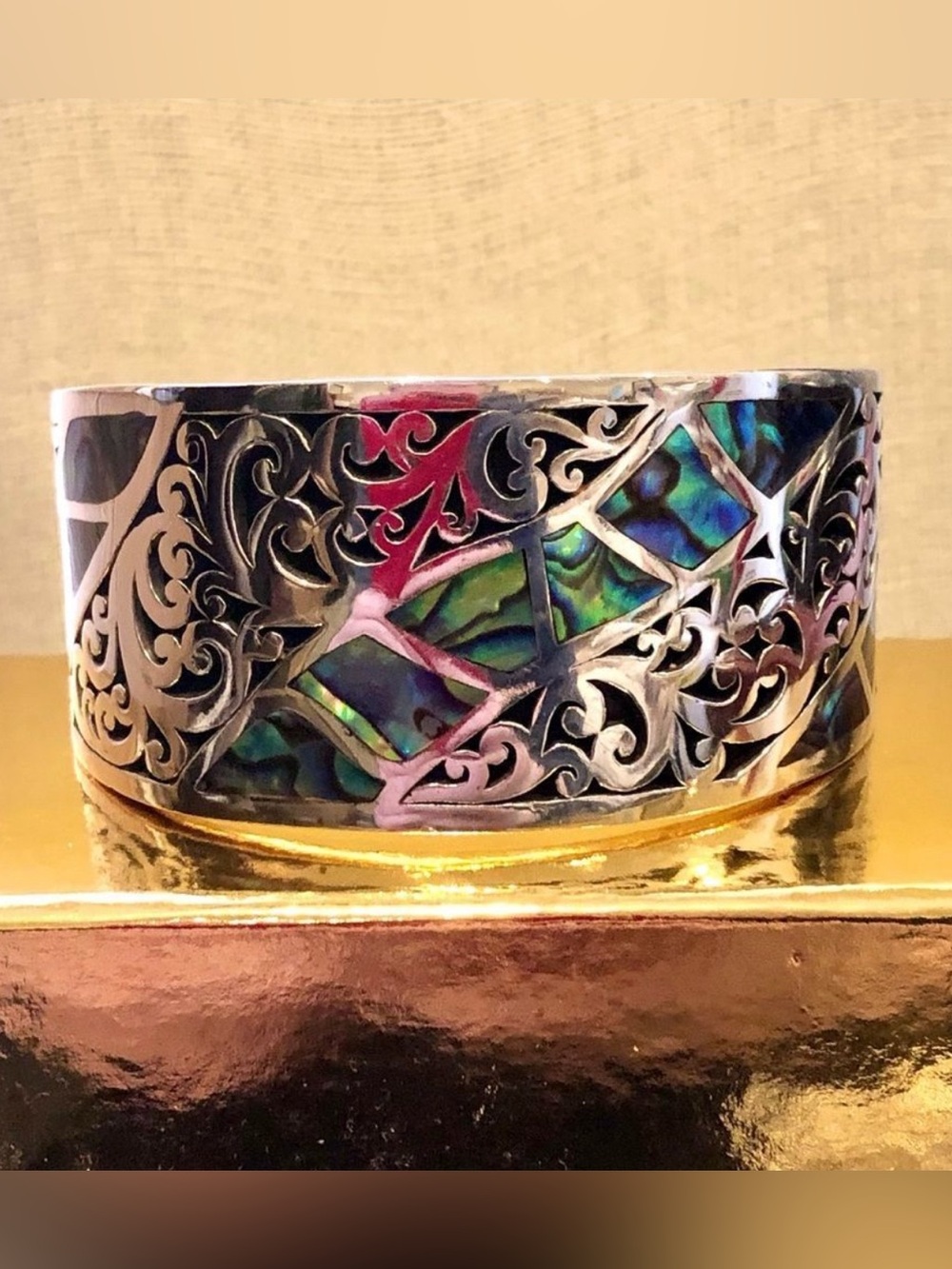 LOIS HILL Blue Green Abalone Inlay Sterling Silver Cut Out Scroll Cuff Bracelet